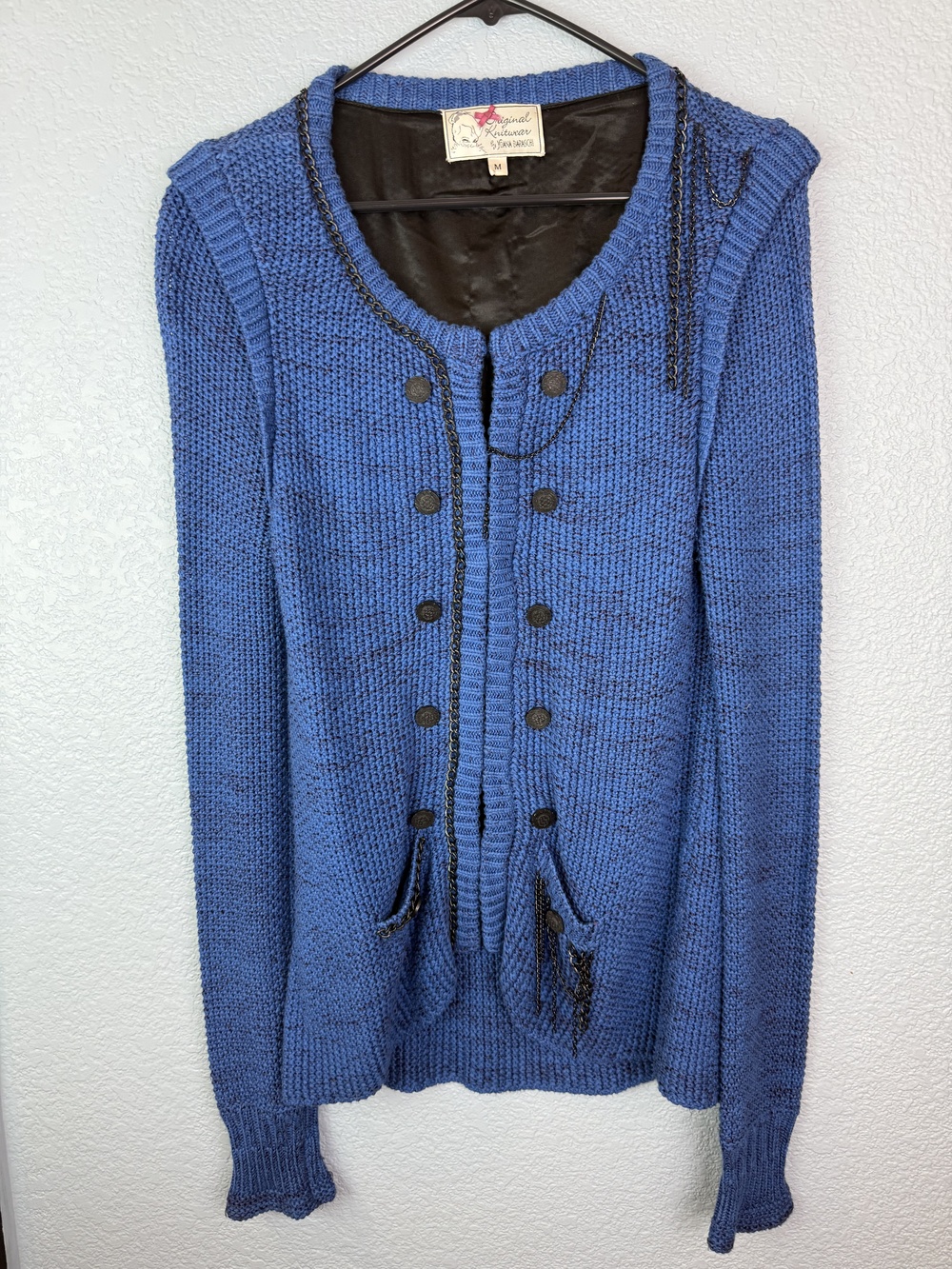 Joana Baraschi Sweater Womens Medium Knit Cardigan Chain Button Pockets Unique